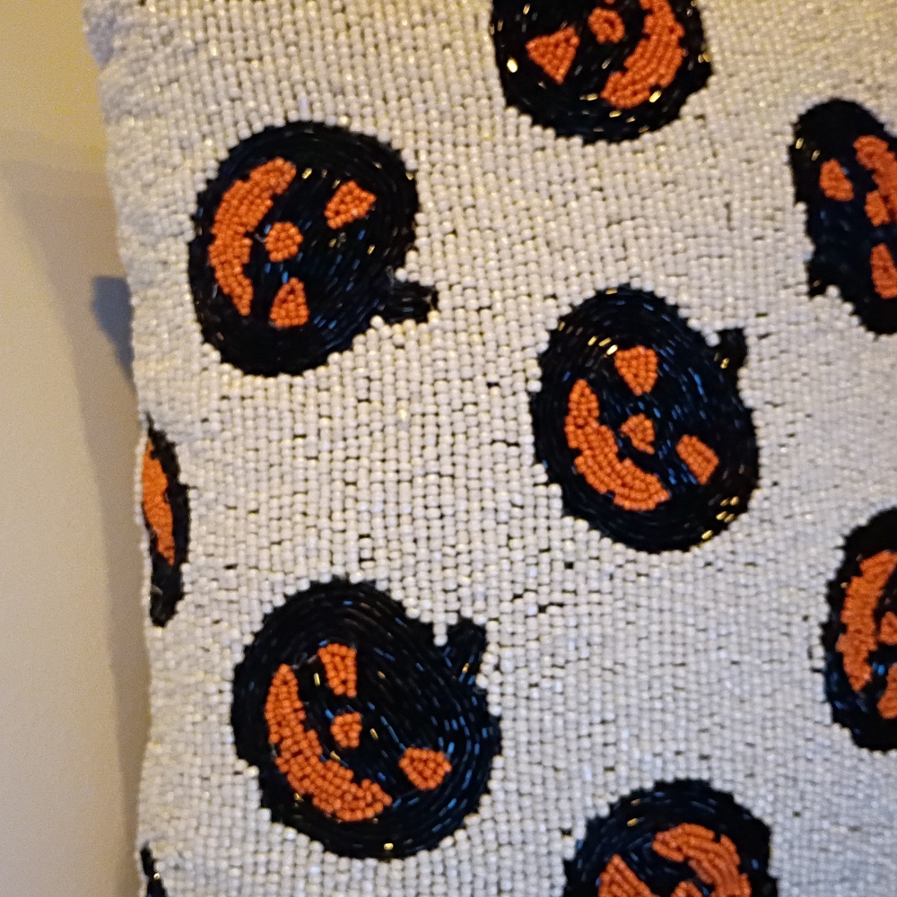 Noir Night Beaded Orange Black White Jack-o'-lantern Decorative Pillow - Picture 2 of 6